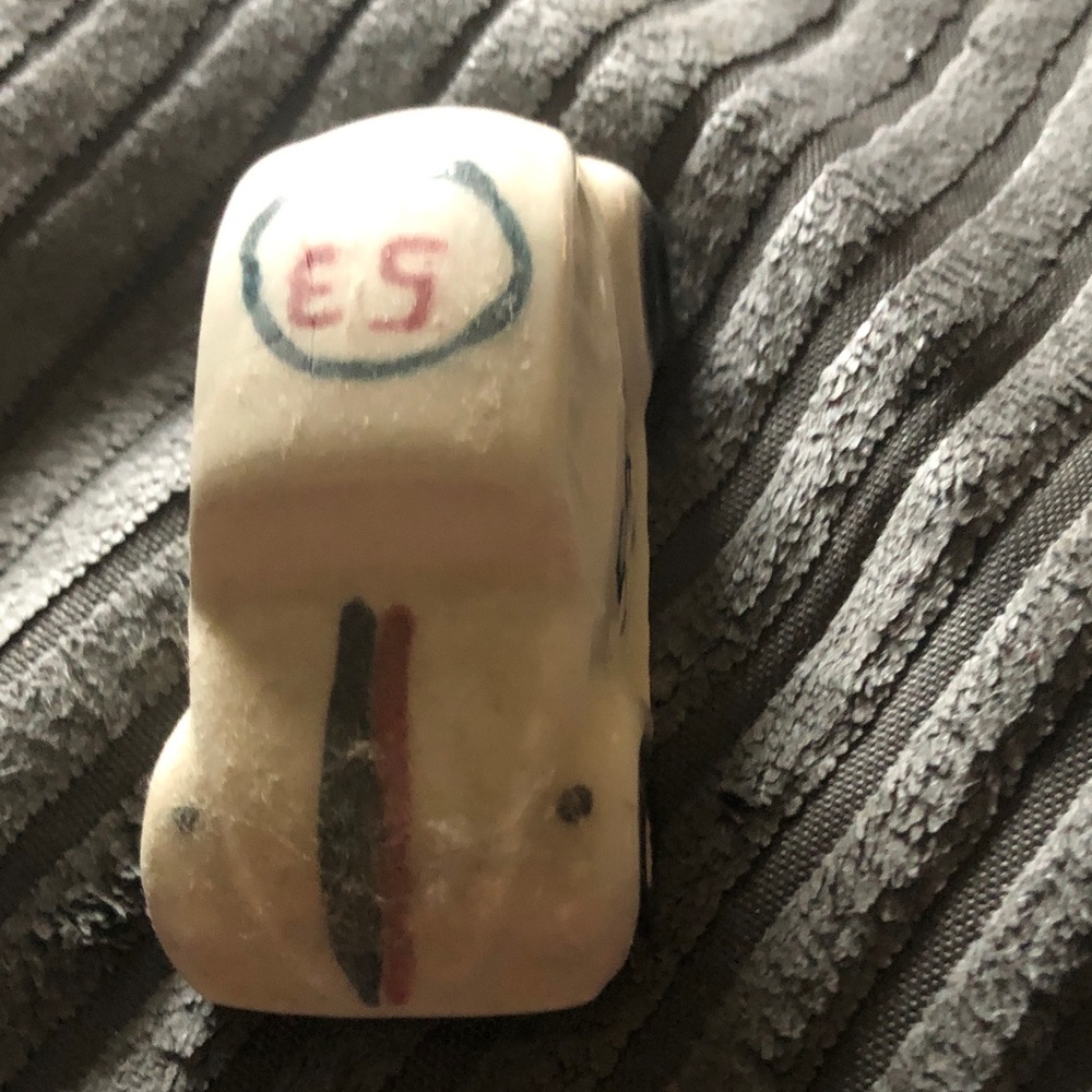 Cream Ceramic Small Pet Toy Car with Red and Blue Accents